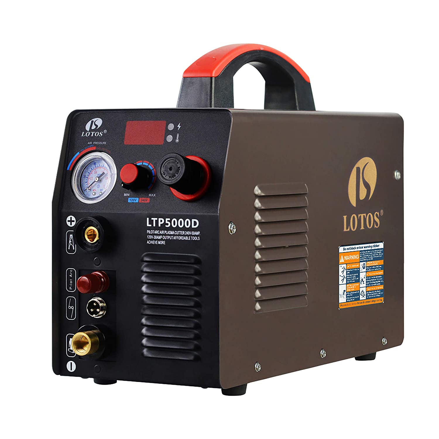 Lotos Technology LTP5000D 50Amp Non-Touch Pilot Arc Plasma Cutter, Dual Voltage 110V/220V, 1/2 Inch Clean Cut, Brown