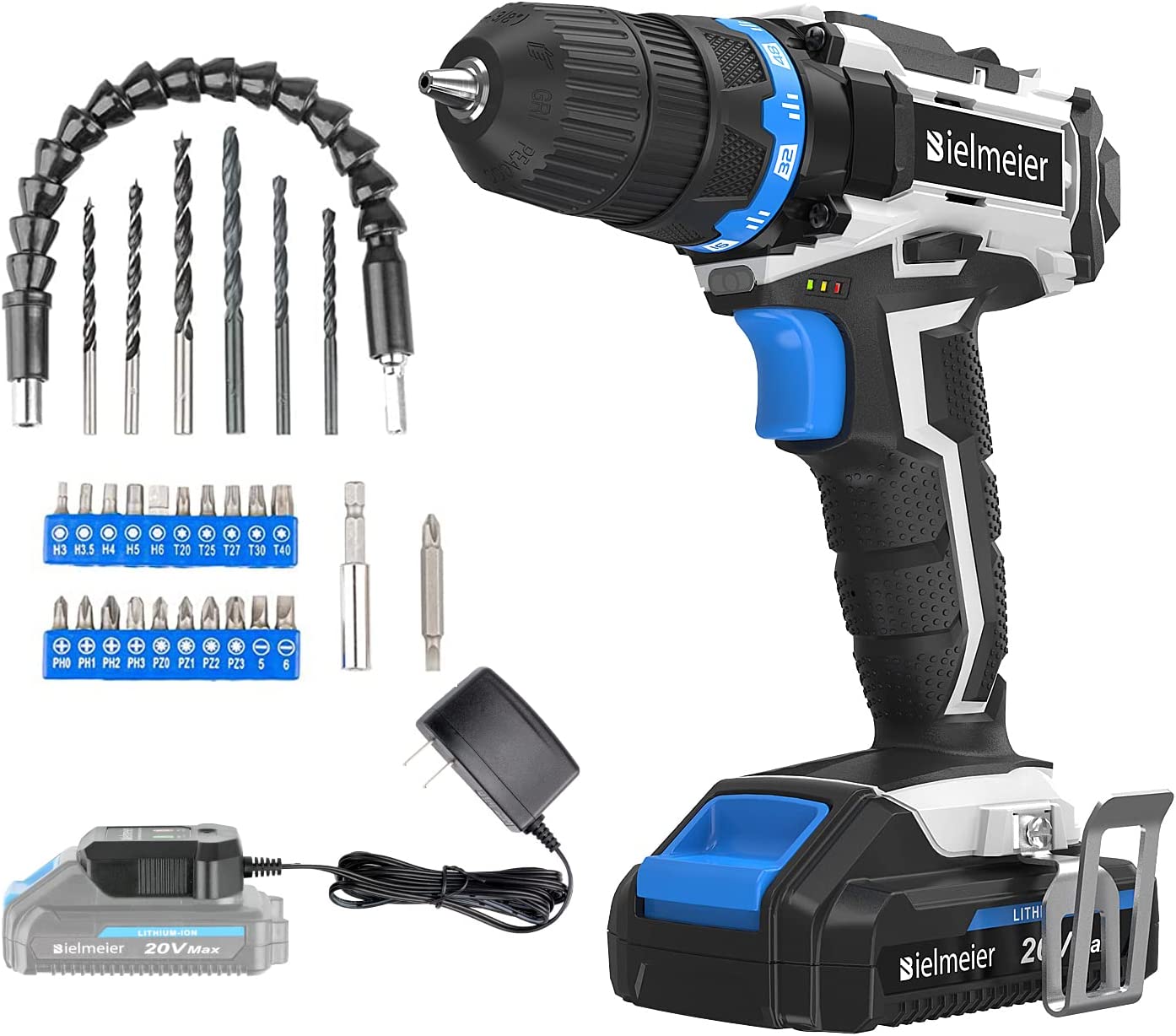 Bielmeier 20V MAX Cordless Drill Set, Power drill kit with Lithium-Ion and charger,38 inches Keyless Chuck, Electric Drill with Variable Speed, LED and 29pcs Drill Bits (BCDK-29)…