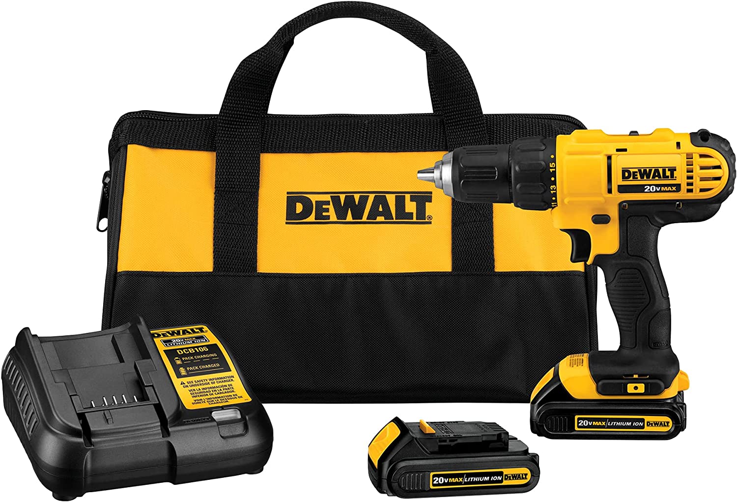DEWALT 20V Max Cordless Drill Driver Kit, Compact, 1 2-Inch (DCD771C2), Yellow