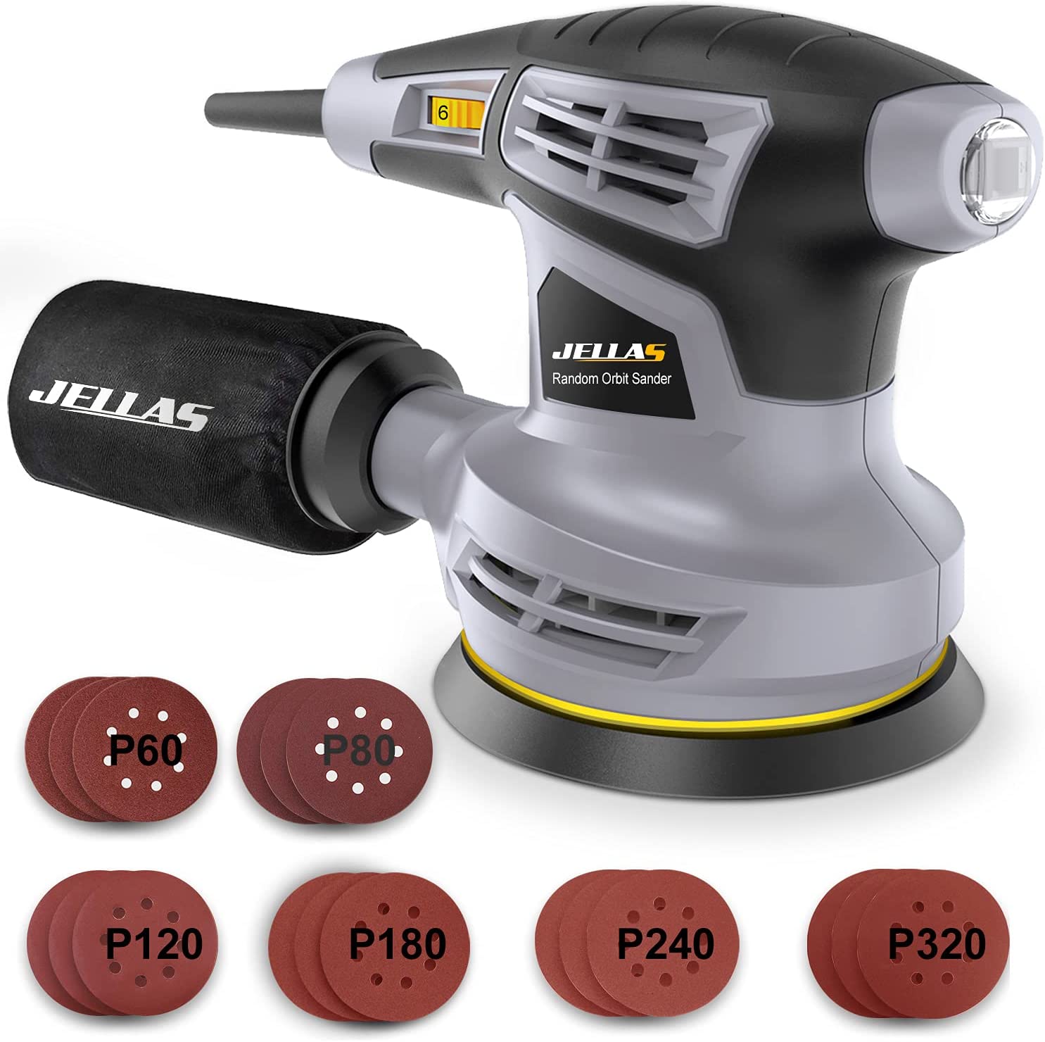 Jellas 5-Inch Random Orbital Sander with 18Pcs Sandpapers, 13000RPM 6 Variable Speed Sander Machine, High Performance Dust Collection System for Woodworking, 2.5A, Dust Collection Bag Include - OS280