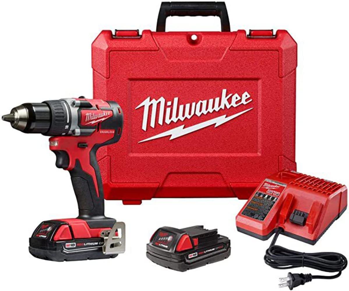 Milwaukee 2801-22CT M18 18-Volt Lithium-Ion Brushless Cordless Compact 1 2 Inch Drill Driver Kit with 2 Batteries 2.0 Ah, Charger and Case (Non-Retail Packaging)
