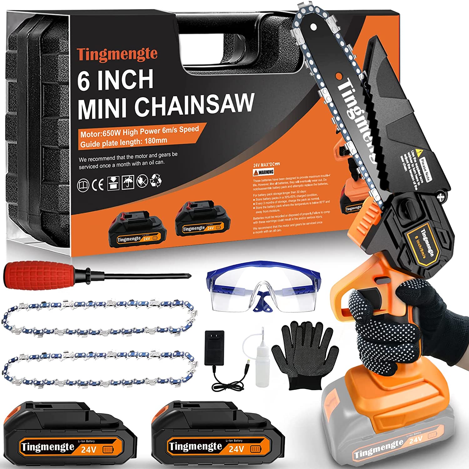 Mini Chainsaw 6 Inch, Cordless Mini Chainsaw Battery Powered with 24V 10000mAh Rechargeable Battery, 2.57Lb One-Hand Use Electric Chainsaw, Handheld Chainsaw for Tree Trimming Wood Cutting