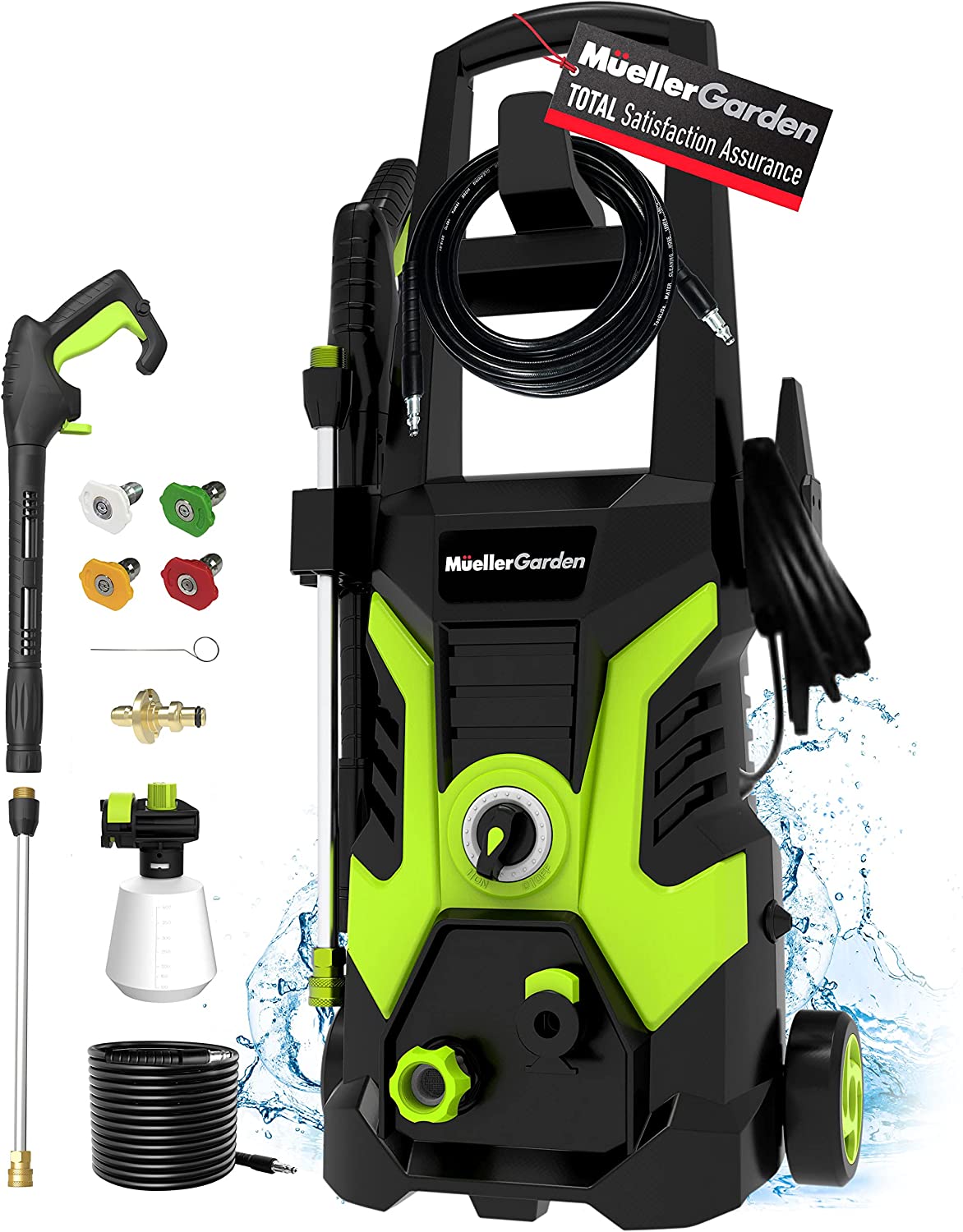 Mueller Pressure Washers, Electric High Pressure Washer 2000 PSI, Electric Power Washer, 4 Spray Nozzles, Foam Cannon, 23 FT Pressure Hose, for Cleaning DrivewaysPatiosCarsGardenHomes