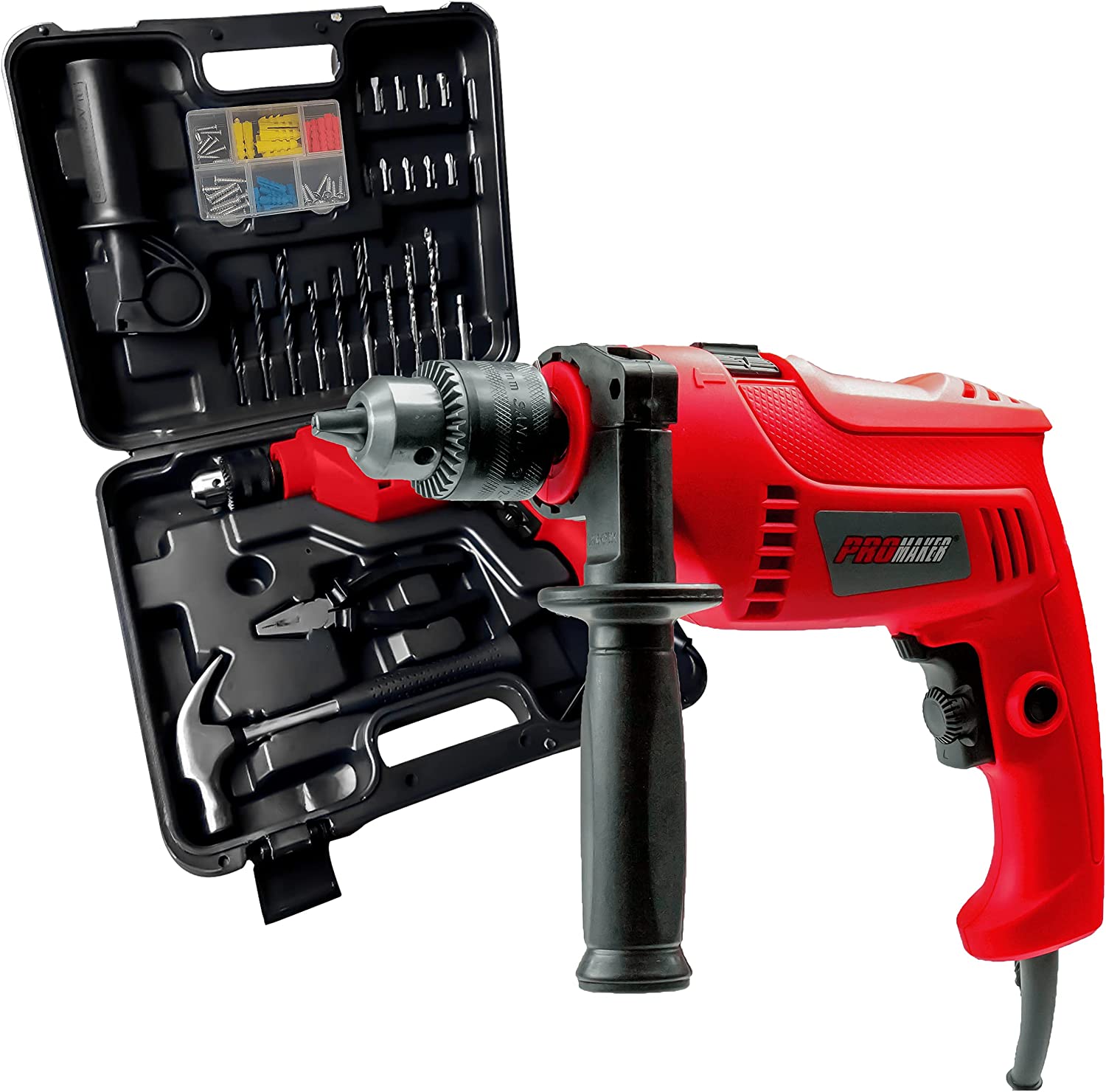 PROMAKER Hammer Drill with 88 Accesories, 1 2-inch, 5 Amp Corded Hammer Drill, Variable speed 0-3000 RPM, option to choose Drill and Hammer. PRO-TP550KIT