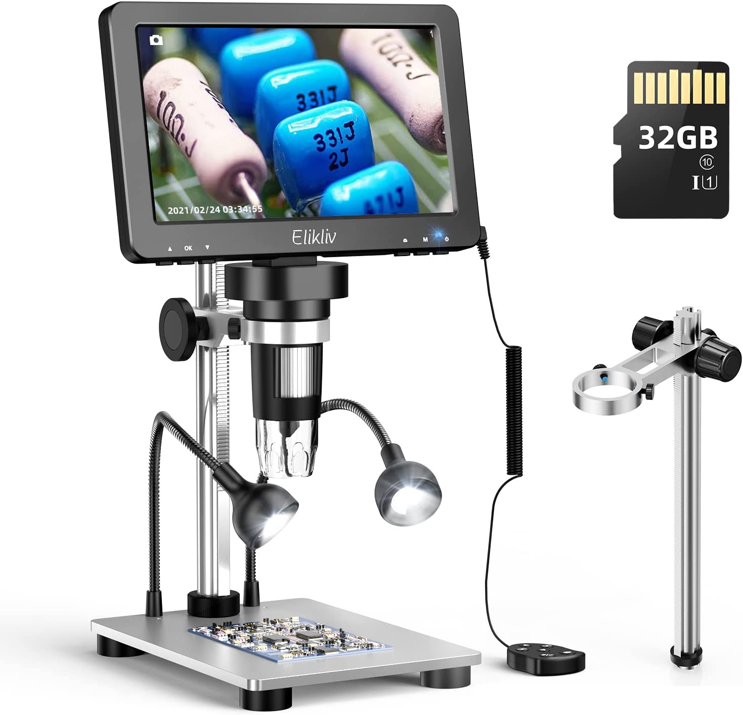 Elikliv EDM9 7” LCD Digital Microscope + 10″ Enhanced Bracket BR01, View Entire Coin, 1080P Coin Microscope with 12MP Camera Sensor, Wired Remote, 10 LED Lights